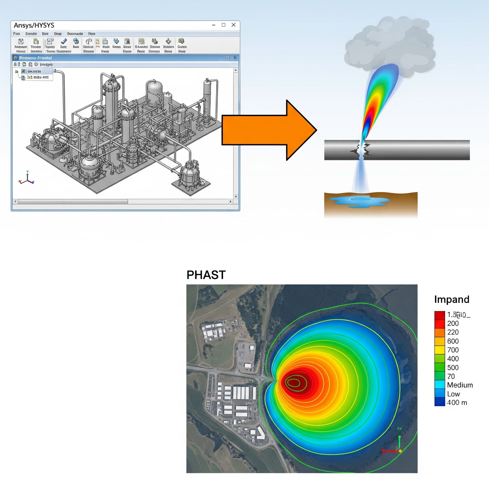 Infografis yang menunjukkan alur kerja: dimulai dari model proses di Ansys/HYSYS, kemudian panah menunjuk ke skenario pelepasan material, dan berakhir pada peta kontur dampak dari PHAST.